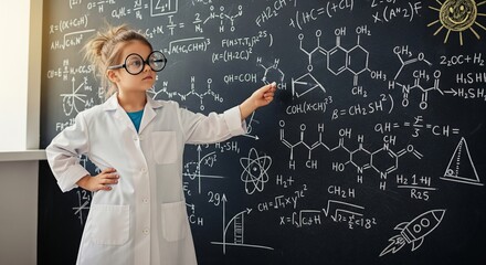 Girl in lab coat teaching chemistry in classroom with blackboard full of scientific formulas, molecules and physics diagrams for education, learning and science discovery