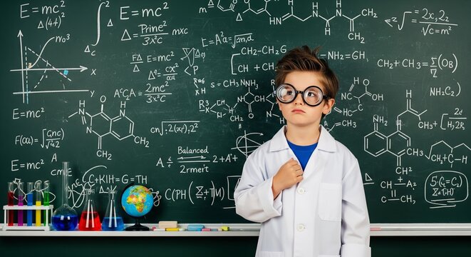 Child scientist in lab coat with oversized glasses in classroom setting with blackboard full of chemistry formulas and math equations for education and research concept