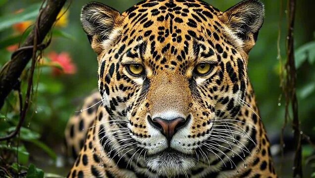 A majestic jaguar stares directly into the camera, showcasing its intricate spotted pattern and intense gaze. The surrounding lush jungle adds depth to this striking animal portrait