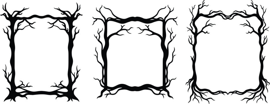 Vector art of three unique black and white square frames made from twisted tree branches and roots perfect for a spooky or rustic design