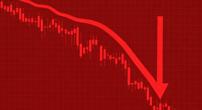 Red candlestick chart showing sharp market decline, large downward arrow indicating significant loss, representing financial crisis or economic downturn
