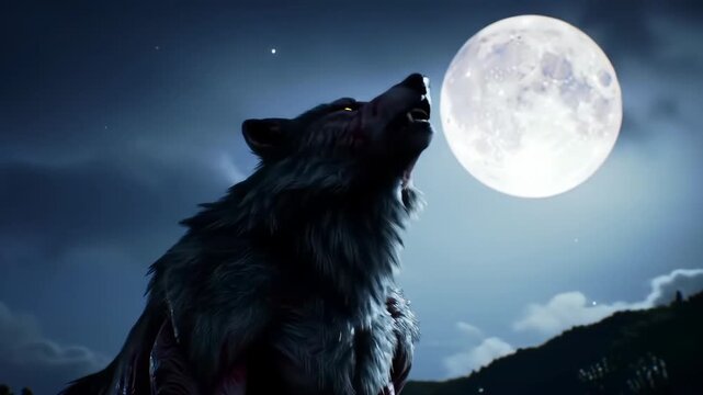 werewolf howling at the full moon on top of a hill