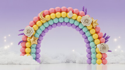 Pastel Rainbow Balloon Arch Backdrop with Gold Stars, Moon Ornaments, White Roses, and Dreamy Cloud Backdrop in Sparkling Light