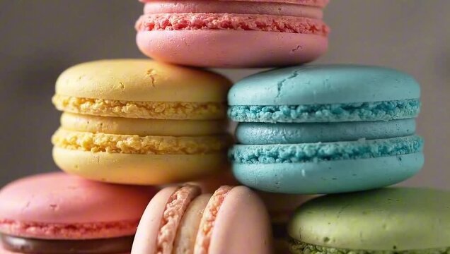Vibrant Tower of Delicious Macarons. This image features a delightful arrangement of colorful, freshly made macarons