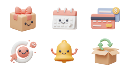 3D E-commerce & Shopping Icon Pack: Delivery, Calendar, Payment, and Notifications