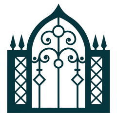Islamic architectural wrought iron gate with arabesque motifs on white background
