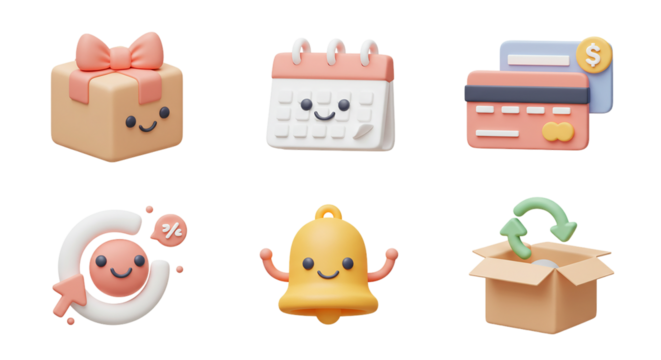 3D E-commerce & Shopping Icon Pack: Delivery, Calendar, Payment, and Notifications