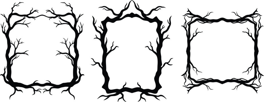 Vector art of three unique black and white square frames made from twisted tree branches and roots perfect for a spooky or rustic design