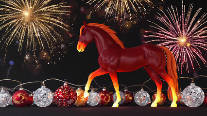 AI generated illustration of the Red Fire Horse, symbol of the year, standing among festive Christmas ornaments and glowing lights with fireworks in the background. Holiday celebration concept, Chines