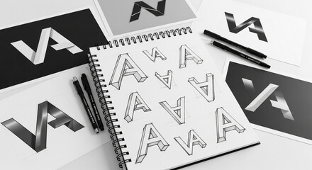 Sketchbook with various letter A and VA logo design concepts, showcasing different perspectives and styles, representing creativity and branding process