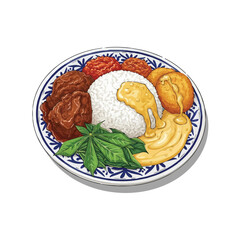Vector Nasi Padang Indonesian Food Illustration – Traditional Rice with Rendang and Sambal
