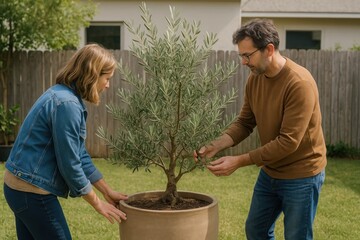 Couple caring potted olive tree.