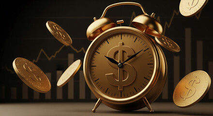 Gold alarm clock with dollar sign, golden coins flying around it against a financial chart background, illustrating the concept of time and money in finance