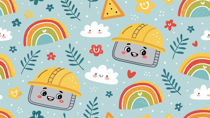 Naklejka premium Cute and Playful Construction-Themed Pattern Featuring Smiling Computer Screens in Hard Hats, Rainbows, and Floral Elements