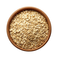 Top view of rolled oats in a wooden bowl isolated on transparent background