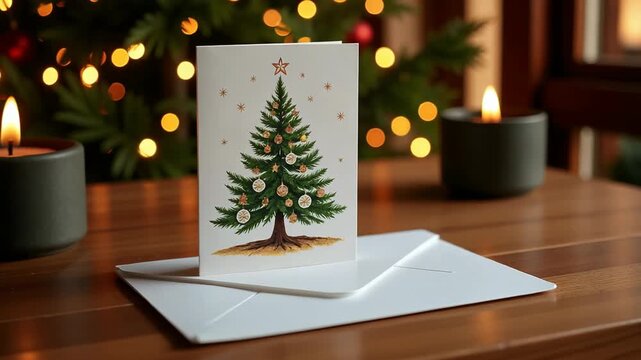 Christmas card with decorated tree on table by glowing candles