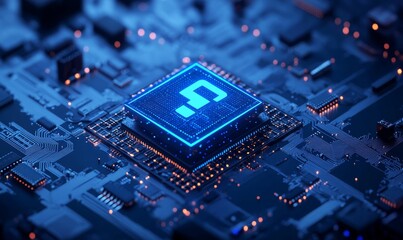 Fototapeta premium Endpoint security concept, represented by a blue microchip diagram with a lock symbol. The lock signifies the protective measures taken to safeguard digital data in modern, Generative AI