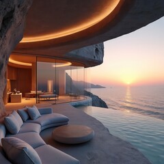 Fototapeta premium Futuristic cave house built into cliffside offers ocean view at sunset. Modern architecture with minimalist concrete stone design. Features infinity pool, large windows, comfortable interior, warm