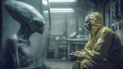 Obraz premium Scientist in a hazmat suit observing an extraterrestrial being contained in a transparent unit within a dimly lit laboratory, emphasizing the mystery and danger of alien encounters