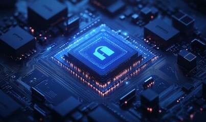 Fototapeta premium Endpoint security concept, represented by a blue microchip diagram with a lock symbol. The lock signifies the protective measures taken to safeguard digital data in modern, Generative AI