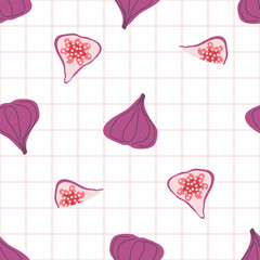 Retro style figs seamless pattern on checkered background. Autumn print for fabric, paper, textile. Hand drawn geometric vector illustration.