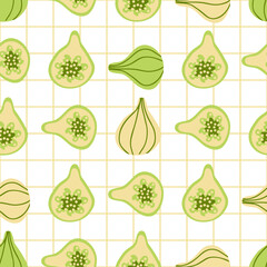 Retro style green figs seamless pattern on checkered background. Autumn print for fabric, paper, textile. Hand drawn geometric vector illustration.