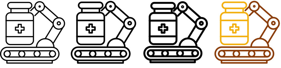 Drug production icon set in modern outline style for medical research, pharmaceutical manufacturing, and healthcare dashboards, featuring multistyle stroke and full color variation set