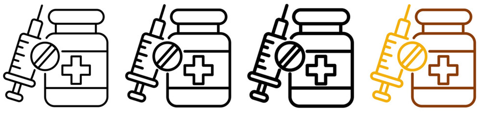 Syringe injection icon set in modern outline style for vaccination programs, hospital UI, and healthcare mobile apps, featuring multistyle stroke and full color variation set