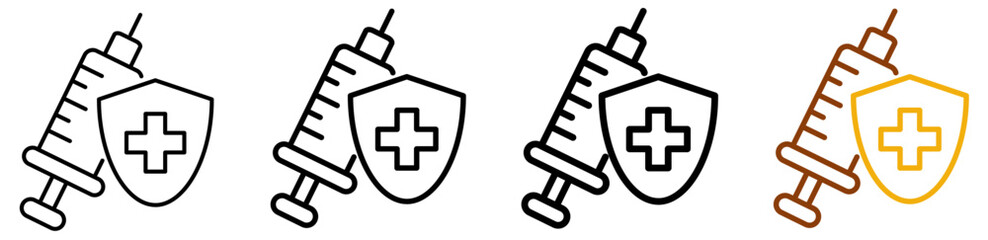 Safety injection icon set in modern outline style for immunization campaigns, medical protection, and health education visuals, featuring multistyle stroke and full color variation set