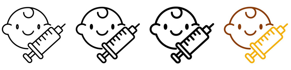 Child vaccination icon set in modern outline style for pediatric healthcare, school immunization programs, and health awareness materials, featuring multistyle stroke and full color variation set