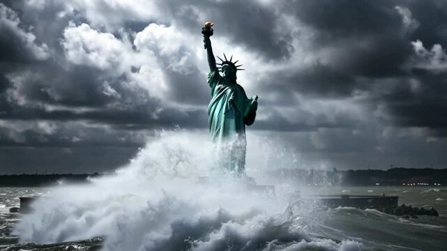 Statue of Liberty under Stormy Skies, Showing adverse effects of Global Warming, Symbol of Hope Amid Darkness