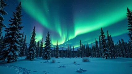 Aurora borealis dancing across a winter forest landscape under starry sky, stunning northern lights - Powered by Adobe
