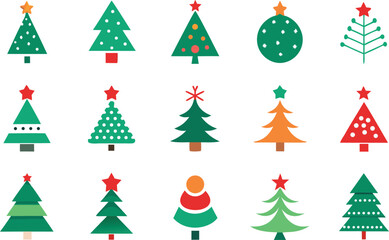 Collection of festive flat design christmas trees and ornaments