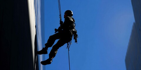 Silhouette of a worker hanging on ropes cleaning a glass building facade during sunset