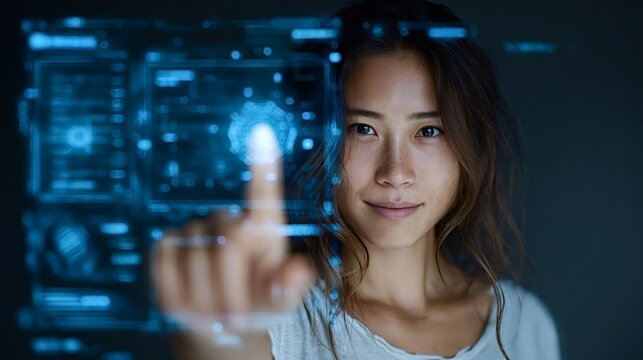 Asian woman interacts with a futuristic touchscreen interface, her finger touching a glowing icon in the foreground, showcasing the potential of advanced technology and user experience - Powered by Adobe