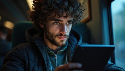Young man with curly hair reads digital tablet. He focused in low light indoor setting. Person dressed casual, concentrated, reading, using tech gadget. Portrait. Tablet screen.