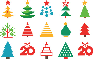 Collection of colorful flat christmas tree icons and decorations