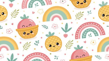 Cute seamless pattern with charming fruits, delicious desserts, and pastel rainbows