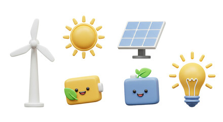 3D Wind Turbine, Sun, Solar Panel, Battery aur Light Bulb ke Energy Icons ka Set