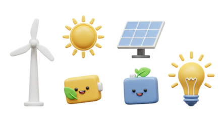 3D Wind Turbine, Sun, Solar Panel, Battery aur Light Bulb ke Energy Icons ka Set