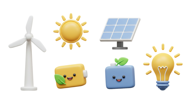 3D Wind Turbine, Sun, Solar Panel, Battery aur Light Bulb ke Energy Icons ka Set