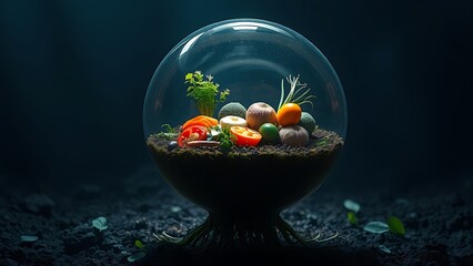 Surreal floating meal inside glowing eco-sphere, roots extending into soil, symbolizing sustainable nutrition.