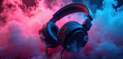 Cool headphones enveloped colorful smoke embodies music, nightlife. Modern energetic design with ambient futuristic style. Perfect for listening electronic music, dance, DJ set, club, party relaxing