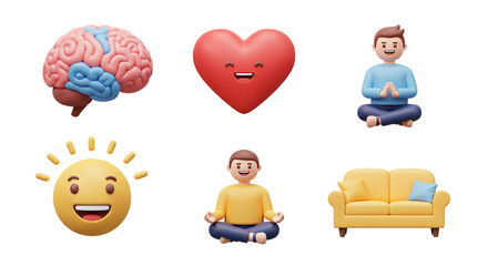 3D Brain, Heart, Meditation, Smiley Emoji aur Sofa Icons ka Set