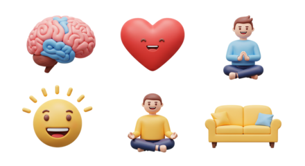 3D Brain, Heart, Meditation, Smiley Emoji aur Sofa Icons ka Set