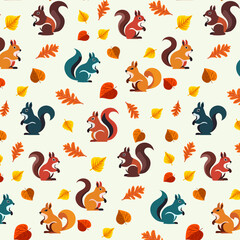 Fototapeta premium Multicolored squirrels in a pattern.Vector pattern with colorful squirrels and autumn leaves.
