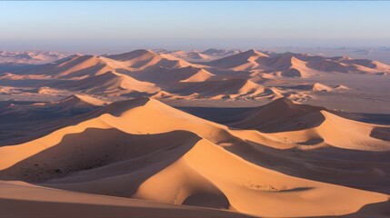Golden sand dunes stretch endlessly under the warm glow of the Sahara desert at sunset.