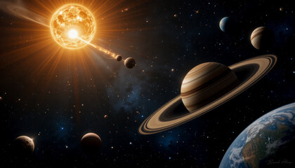 Vivid depiction of planets orbiting a brilliant sun in a captivating space scene.
