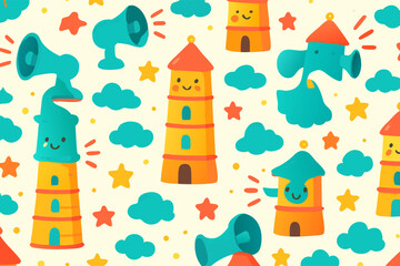 Cheerful Pattern of Towers, Megaphones, Stars, and Clouds for Kids