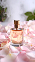 Perfume advertisement, scent and minimalism: Aromatic essence lingers as delicate pink petals subtly dissolve, mist veiling perfume, evoking soft, romantic sentiments